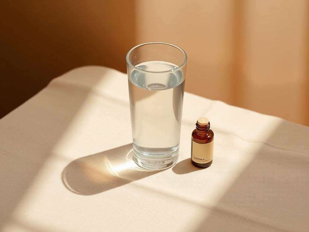 Supplement bottle and glass of water on linen